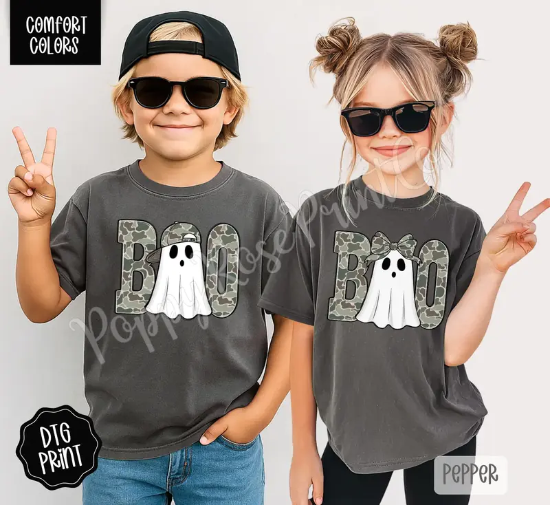 Camo Boo Youth Comfort Colors Tshirt, Halloween Tee for Kids
