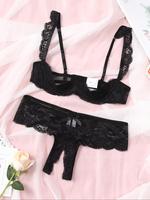 Women's Solid Adjustable Strap Bra & Thong Set, Sexy Casual Soft Comfy Breathable Lingerie Set for Daily Wear, Ladies Underwe...