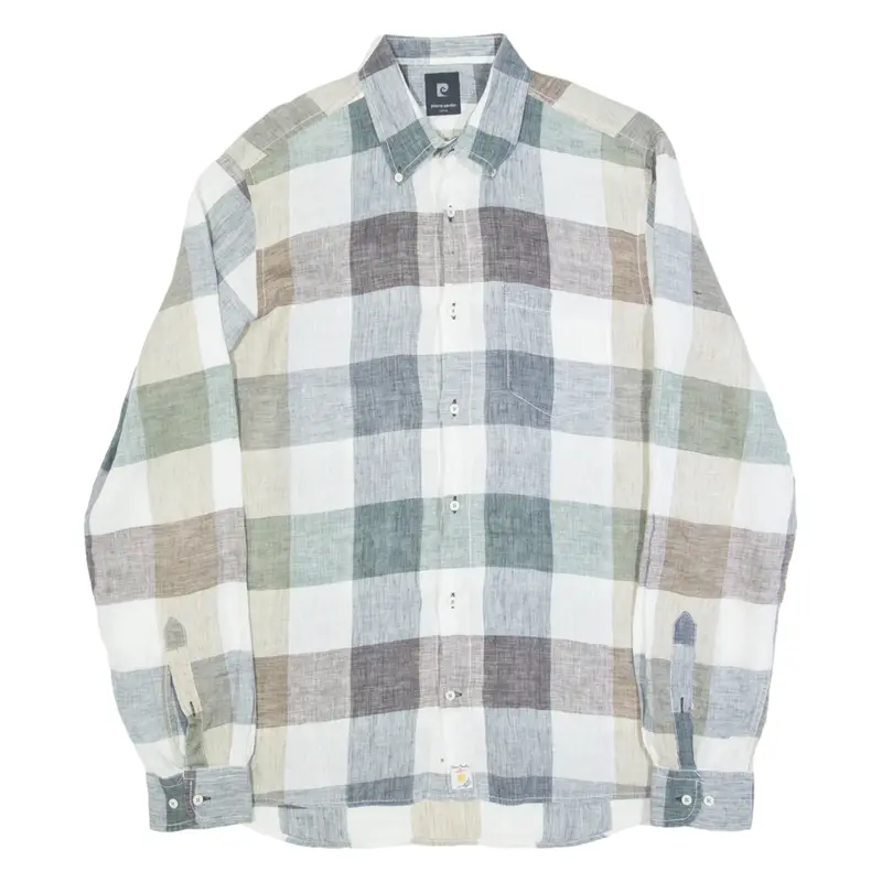 PIERRE CARDIN Mens Shirt Blue Linen Check Long Sleeve M