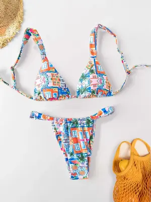 Two-Piece Set Women's Cartoon Print Bikini Set, Boho Triangle Swim Bra & Swim Thong Swimsuit Sets, Bathing Suits 2024 for Wom...
