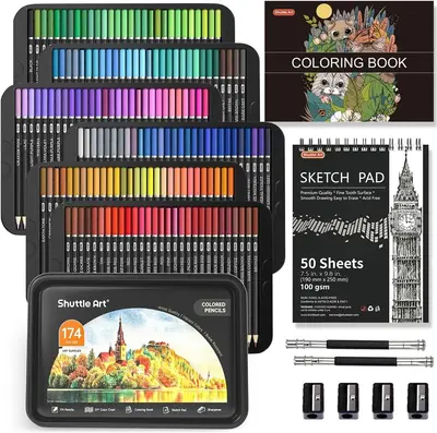 174 Colors Professional Colored Pencils Set, Shuttle Art Soft Core with 1 Coloring Book,1 Sketch Pad, 4 Sharpener, 2 Pencil E...
