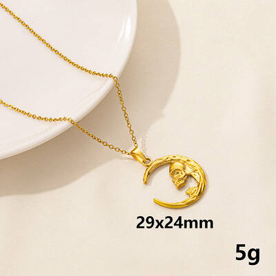 Minimalist Stainless Steel Moon with Skull Pendant Necklace for Women