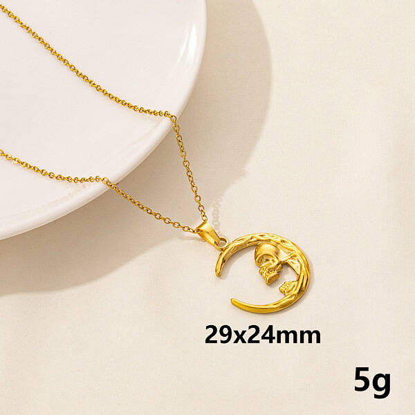 Minimalist Stainless Steel Moon with Skull Pendant Necklace for Women