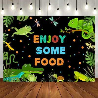 Aperturee Green Animals Enjoy Food Black Birthday Backdrop