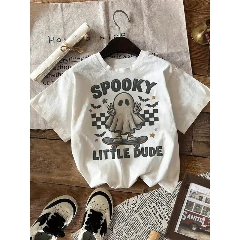 Spooky Ghost Skateboarding Design Cute Little Dude Halloween Graphic Tee Shirt For Boys, Casual Summer Outfit, Fun Print, Sof...