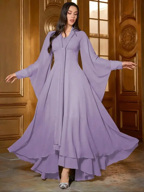 Women's Plain Flare Leg Dress, Modest Elegant Long Sleeve Arabic Dress for Party Wedding Guest, Modest Clothes, Ladies Spring...