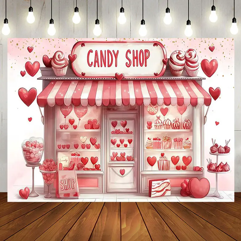 Aperturee Romantic Pink Hearts Candy Shop Birthday Backdrop | Happy Birthday Backdrop | Birthday Curtain Backdrop | Birthday ...