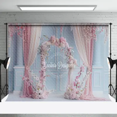 Blue Retro Wall Pink Curtain Floral Wedding Backdrop