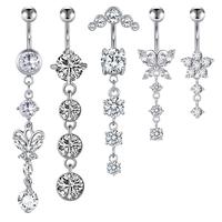 Belly Piercings 14G Dangle Belly Button Rings 5PCs/set Stainless Steel Silver Belly Button Rings Dangling CZ Belly Rings for ...