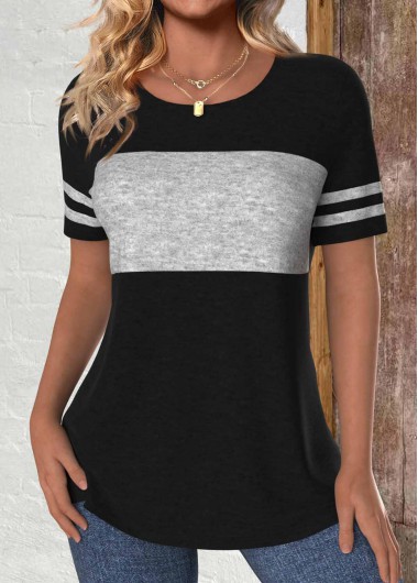 Modlily Black Patchwork Short Sleeve Round Neck T Shirt - XXL