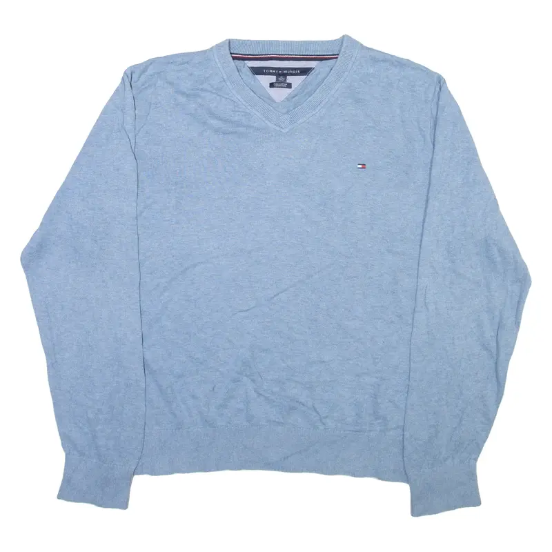 TOMMY HILFIGER Mens Jumper Blue V-Neck Tight Knit XL