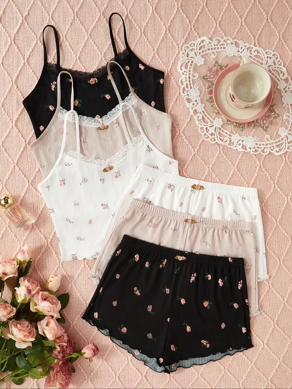 Women's Halloween Themed Ditsy Floral Print Cami Top & Lettuce Trim Shorts Pyjama Two-piece Set, Summer Outfits 2024, Casual ...