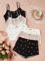 Women's Pumpkin & Skull Print Sleeveless Cami Top & Lettuce Trim Shorts Pajama Two-piece Set, Lady Casual Comfortable Hallowe...