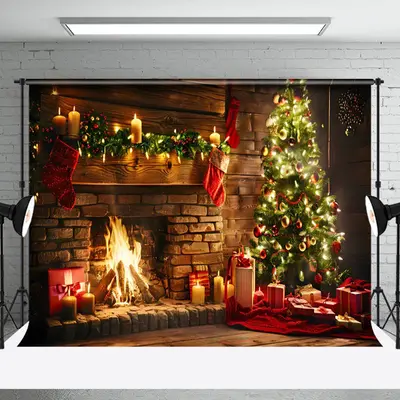 Aperturee Candlelit Brick Fireplace Socks Christmas Backdrop