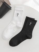 Men's 2 Pairs Cross Print Crew Socks, Fashion Multi-pack Casual Soft Comfortable Breathable Mid-calf Socks for Daily Wear, Me...