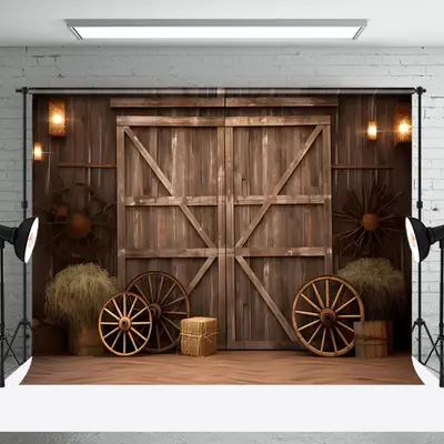 Retro Brown Wooden Wheel Barn Door Photo Backdrop - Aperturee