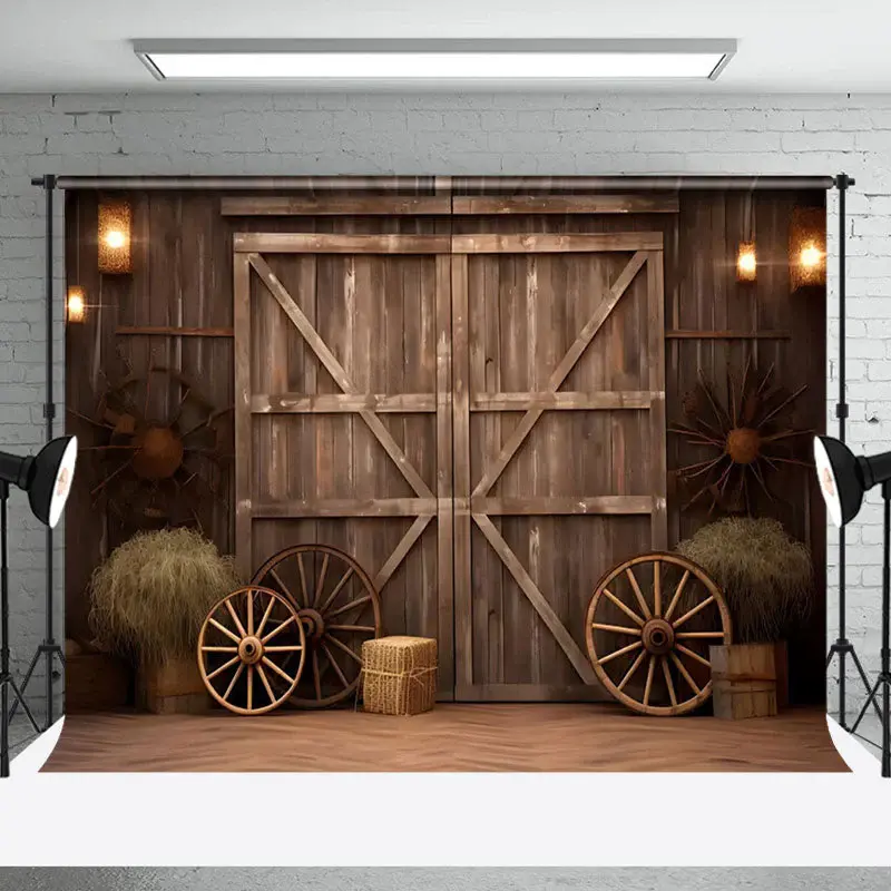 Retro Brown Wooden Wheel Barn Door Photo Backdrop - Aperturee