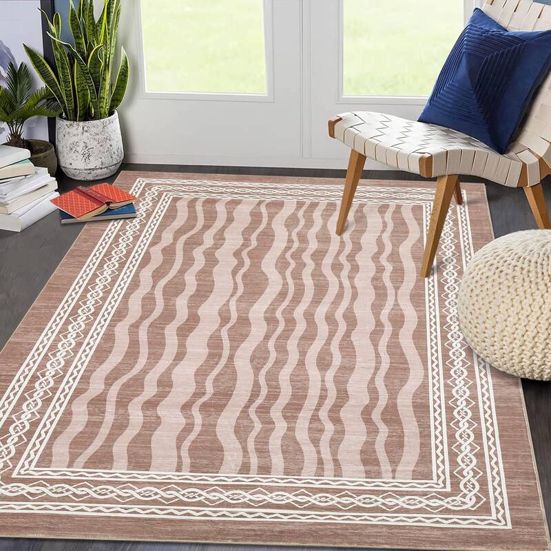 Garvee 8x10 Modern Bordered Area Rug for Living Room, Low Pile & Machine Washable, Faux Wool, Non-Slip & Stain Resistant, Red...