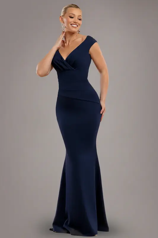Goddiva Bardot Pleated Maxi Dress - Navy Blue