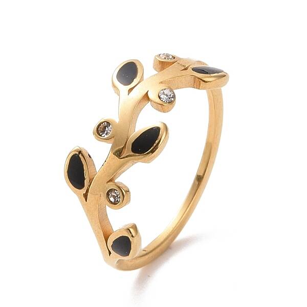 Crystal Rhinestone Leaf Finger Ring with Enamel