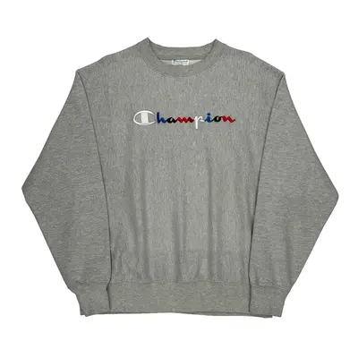 Reverse Weave Champion Spellout Sweatshirt - Large Grey Cotton Blend