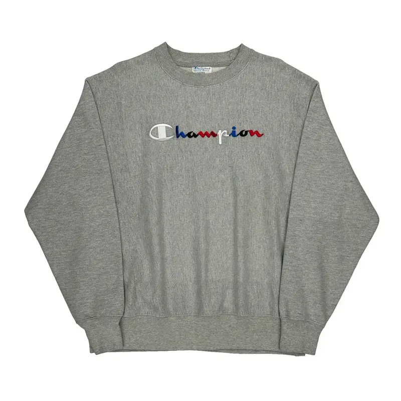 Reverse Weave Champion Spellout Sweatshirt - Large Grey Cotton Blend