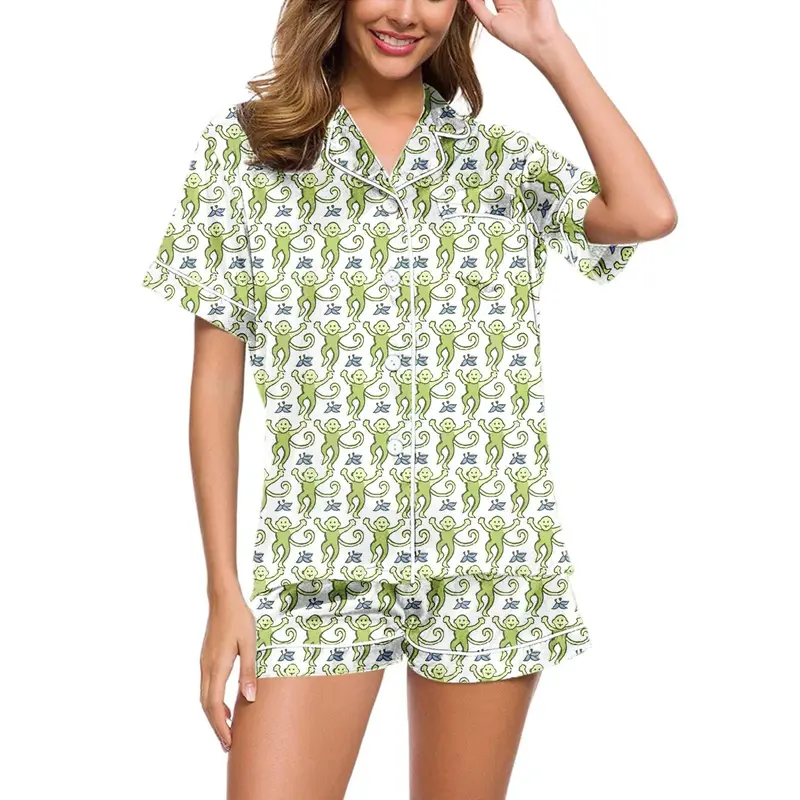 Womens Pajamas Set, 2PCS Button Down Vacation Monkey Beach Shorts Set Y2k Loungewear Pjs for Birthday Valentines Gift