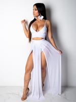 Two-piece Set Women's Solid Crop Sleeveless Cami Top & 2 in 1 Split Thigh Skirt Set, Casual Fashion Cozy Spaghetti Strap Two-...