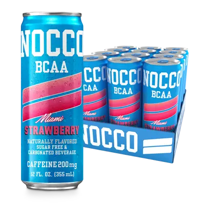 NOCCO Zero Sugar Energy Drink, Miami Strawberry - 12 Fl Oz (Pack of 12) - 200mg Caffeine, Sugar Free, Branched Chain Amino Ac...