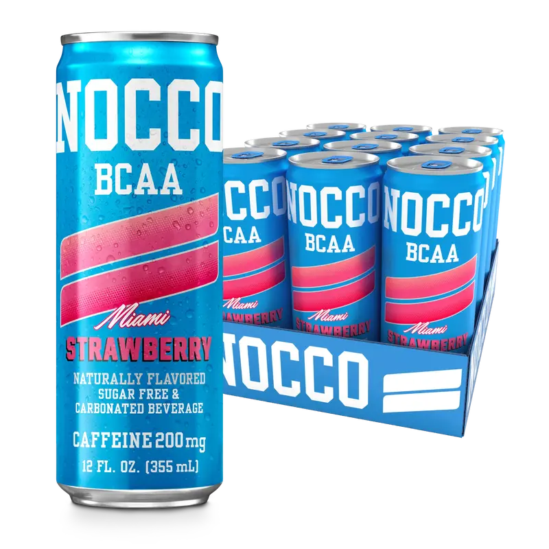 NOCCO Zero Sugar Energy Drink, Miami Strawberry - 12 Fl Oz (Pack of 12) - 200mg Caffeine, Sugar Free, Branched Chain Amino Ac...