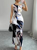 Women's Floral Print Asymmetrical Neck Dress, Elegant Sleeveless Bodycon Dress for Party Holiday Wedding Guest, Ladies Summer...