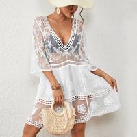Bsubseach Women Lace Swimsuit Cover Up Bathing Suit Coverups V-Neck Swimwear Beach Vacation Dress