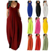 Summer plus size WOMEN'S solid color sexy deep V Short-pulled long skirt with pockets Casual Womenswear