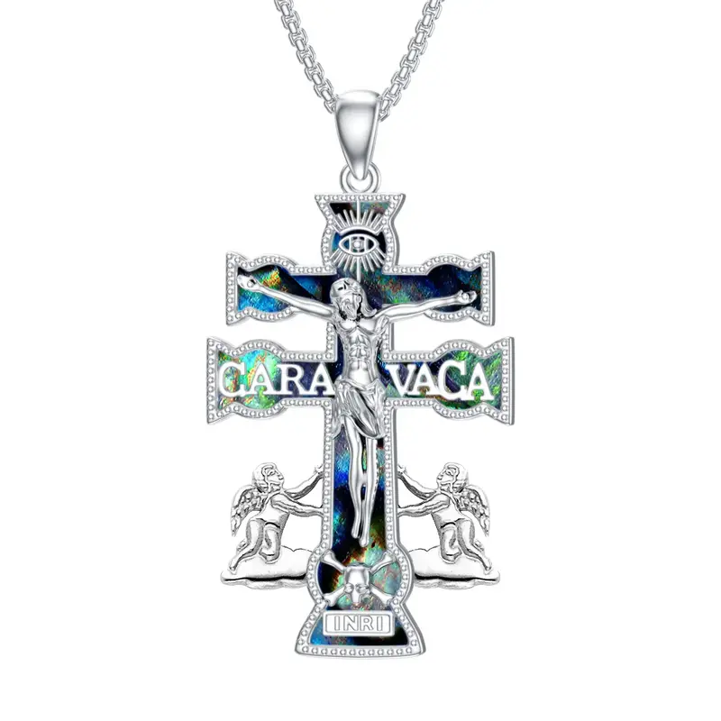 YFN Caravaca Cross Necklace 925 Sterling Silver Caravaca Double Cross with Angels Crucifix Pendant Necklace Religious Jewelry...