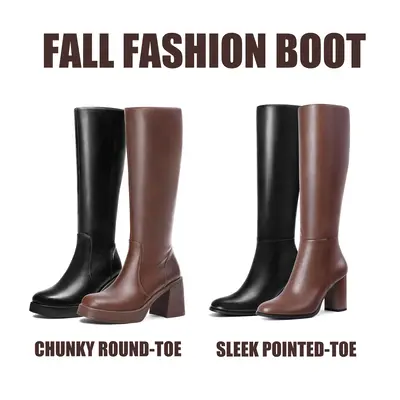 Knee High Boots for Women, Square Toe Chunky Block Heeled Platform Tall Leather Cogo Boots with Side Zipper Footwear Gir Walk...