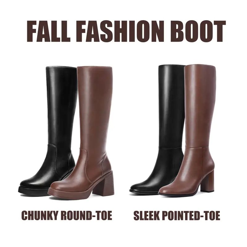 Knee High Boots for Women, Square Toe Chunky Block Heeled Platform Tall Leather Cogo Boots with Side Zipper Footwear Gir Walk...
