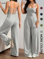 Women's Solid Backless Plicated Cami Jumpsuit, Casual Sleeveless Spaghetti Strap Square Neck Wide Leg Jumpsuit for Summer, Wo...