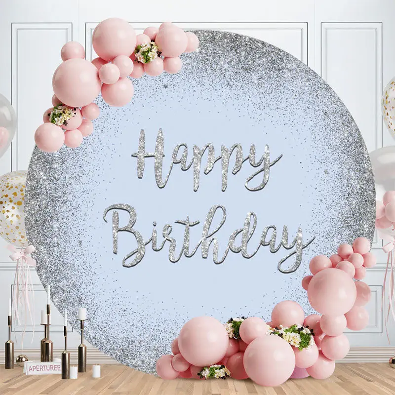 Aperturee Light Blue Sliver Glitter Round Happy Birthday Backdrop