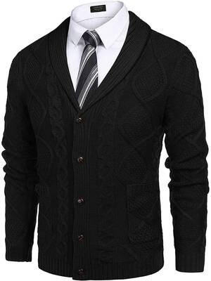 Shawl Collar Button Down Knitted Sweater with Pockets (US Only), Black / M