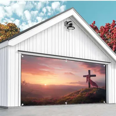 Aperturee Sunrise Sky Mountain Field Cross Garage Door Banner, 8X4FT(2.4X1.2M), 22.65 USD, garage door banners, NYCD6I42-A