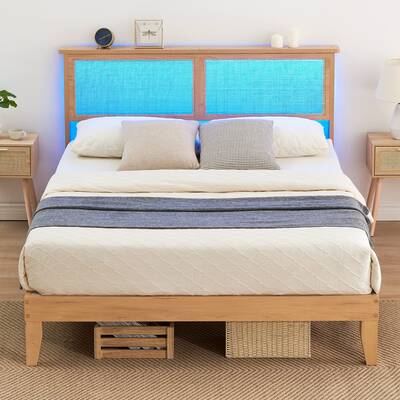 Garvee Boho Queen Size Bed Frame, Rattan Quee Bed Frame with Natural Rattan Headboard, Led Lights, Wooden Support Legs and Sl...