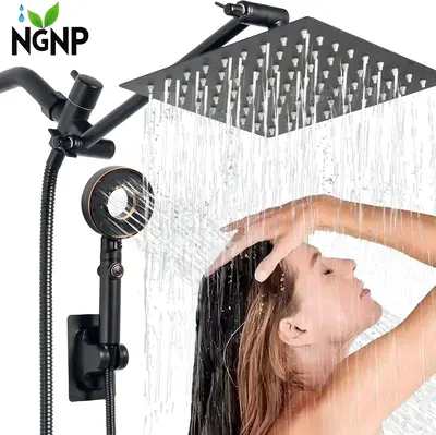 NGNP Shower Head,8” /10”Rain Shower Head with Handheld Spray Combo and Adjustable Extension Arm/1-Press Water Stop/3-Way ...