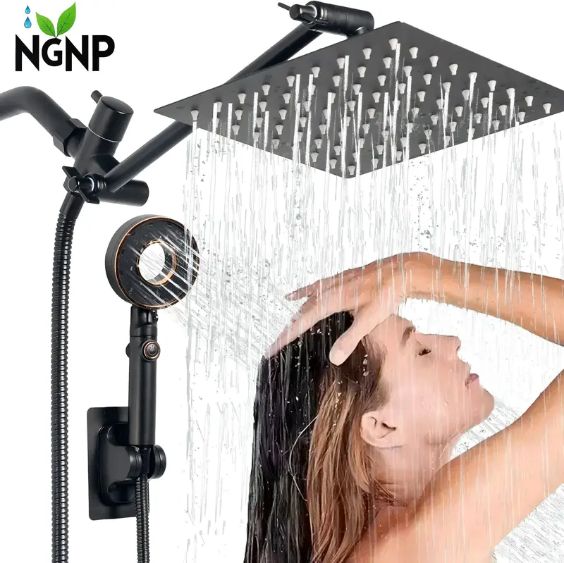 NGNP Shower Head,8” /10”Rain Shower Head with Handheld Spray Combo and Adjustable Extension Arm/1-Press Water Stop/3-Way ...