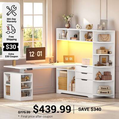 SEDETA | 59 Inch Standing Desk with 3 Drawers LED Light and Power Outlet L Shaped Office Stand Up Corner Desk with Hutch Open...