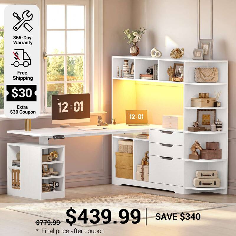 SEDETA | 59 Inch Standing Desk with 3 Drawers LED Light and Power Outlet L Shaped Office Stand Up Corner Desk with Hutch Open...