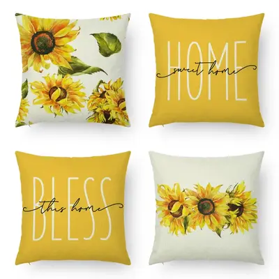 Sunflower & Letter Pattern Pillow Case, 4 Counts/set Summer Square Pillow Cover without Filler, Decorative Cushion Cover for ...