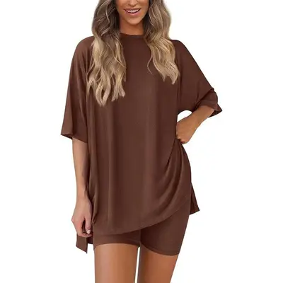 Women's Summer Two-Piece Set 2025 Casual Oversized Crewneck Split Hem Shirts & Side Pocket Biker Shorts Minimalist Lounge Wea...