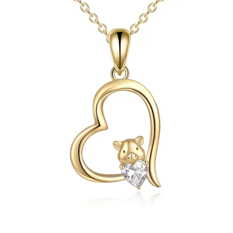14K Gold Heart Cubic Zirconia Pig Pendant Necklace For Women