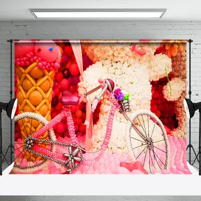 White Pink Bears Bike Balloons Cake Smash Backdrop - Aperturee