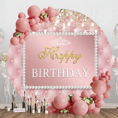 Pink Sparkling Lights Crown Round Birthday Backdrop - Aperturee